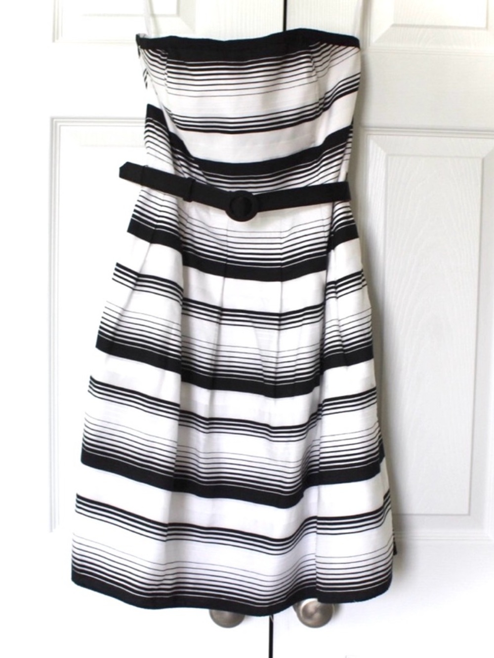 White House Black Market | Black & White Horizontal Stripe Puffed Skirt Dress